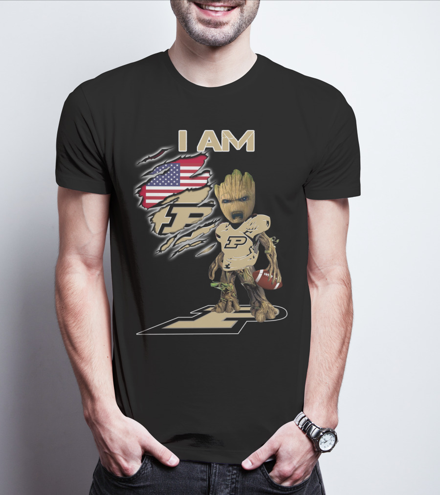 I Am Purdue Baby Groot American Flag Purdue Football T-Shirt