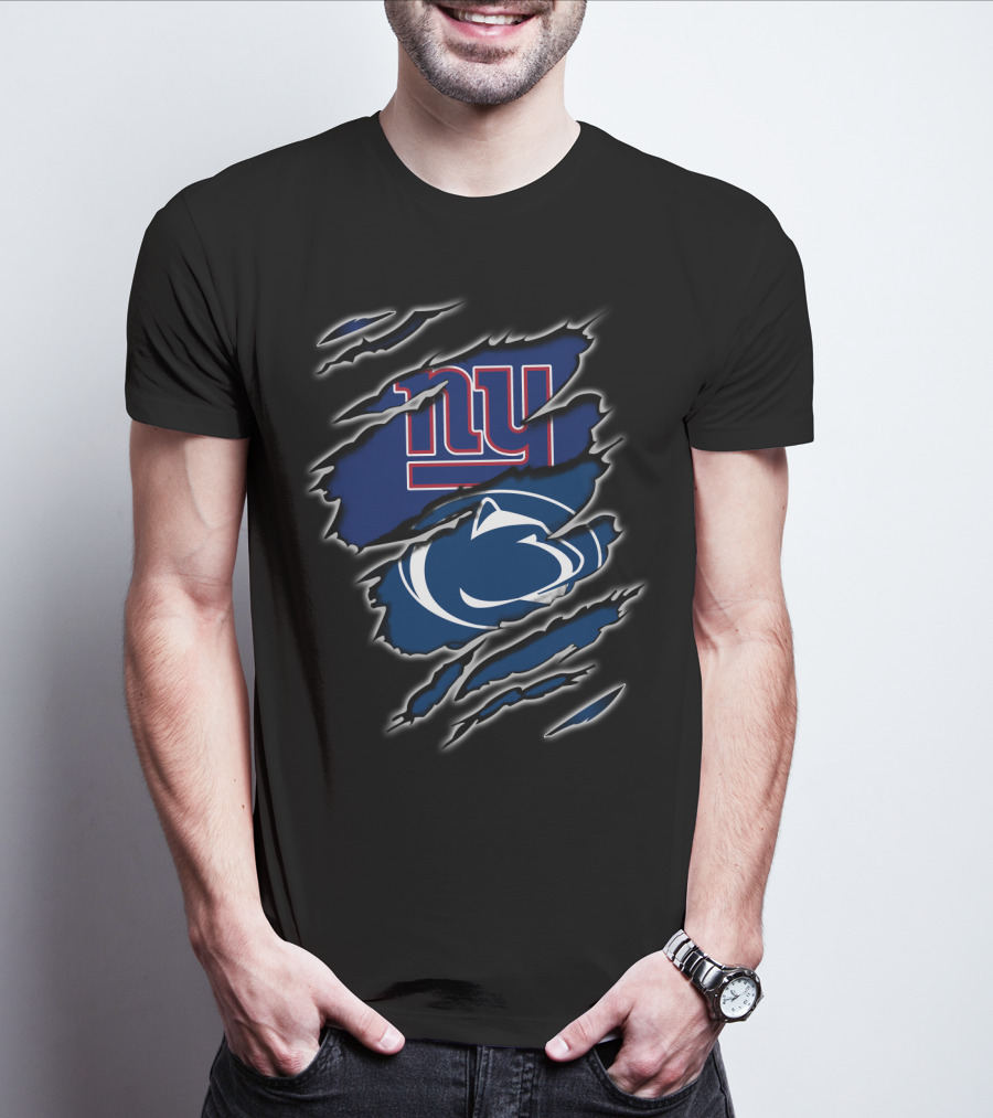 New York Giants Penn State Lions Torn Claw Marks Layered Logos T-Shirt