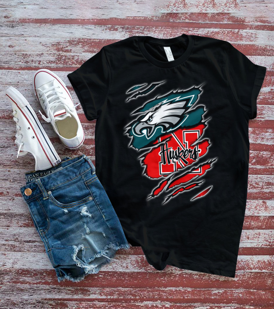 Philadelphia Eagles Nebraska Huskers Football Fan Logo Torn T-Shirt