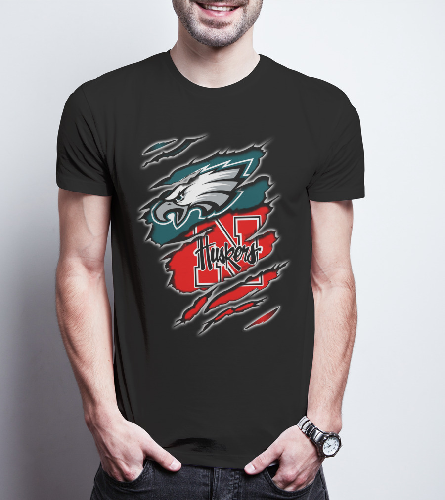Philadelphia Eagles Nebraska Huskers Football Fan Logo Torn T-Shirt