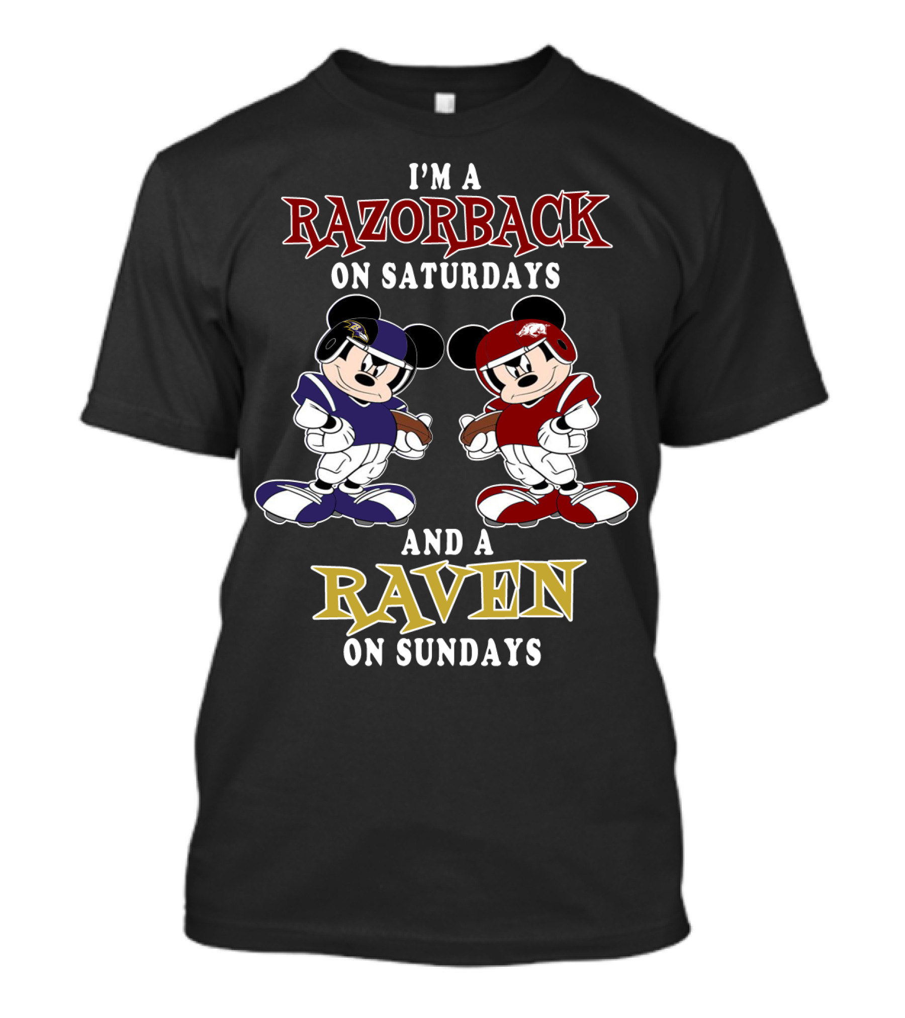 Razorback Saturdays Raven Sundays Mickey Football Characters T-Shirt