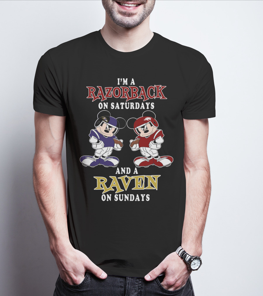 Razorback Saturdays Raven Sundays Mickey Football Characters T-Shirt