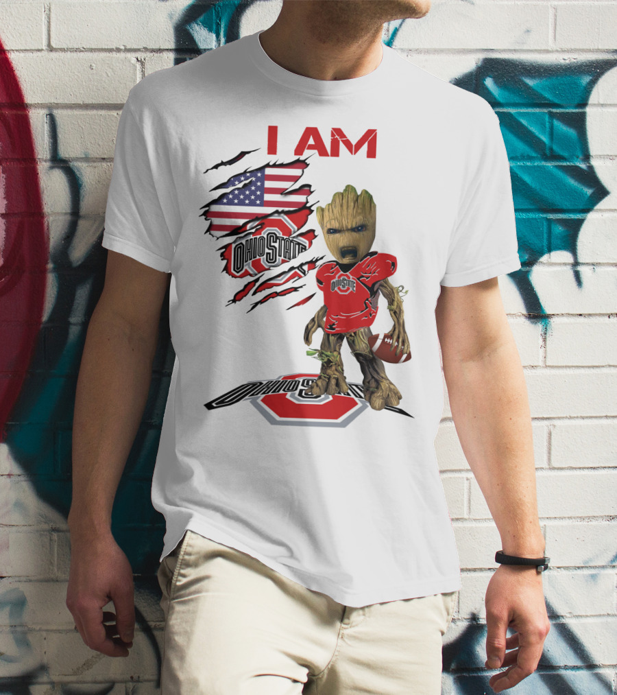 I Am Ohio State Baby Groot Football American Flag T-Shirt