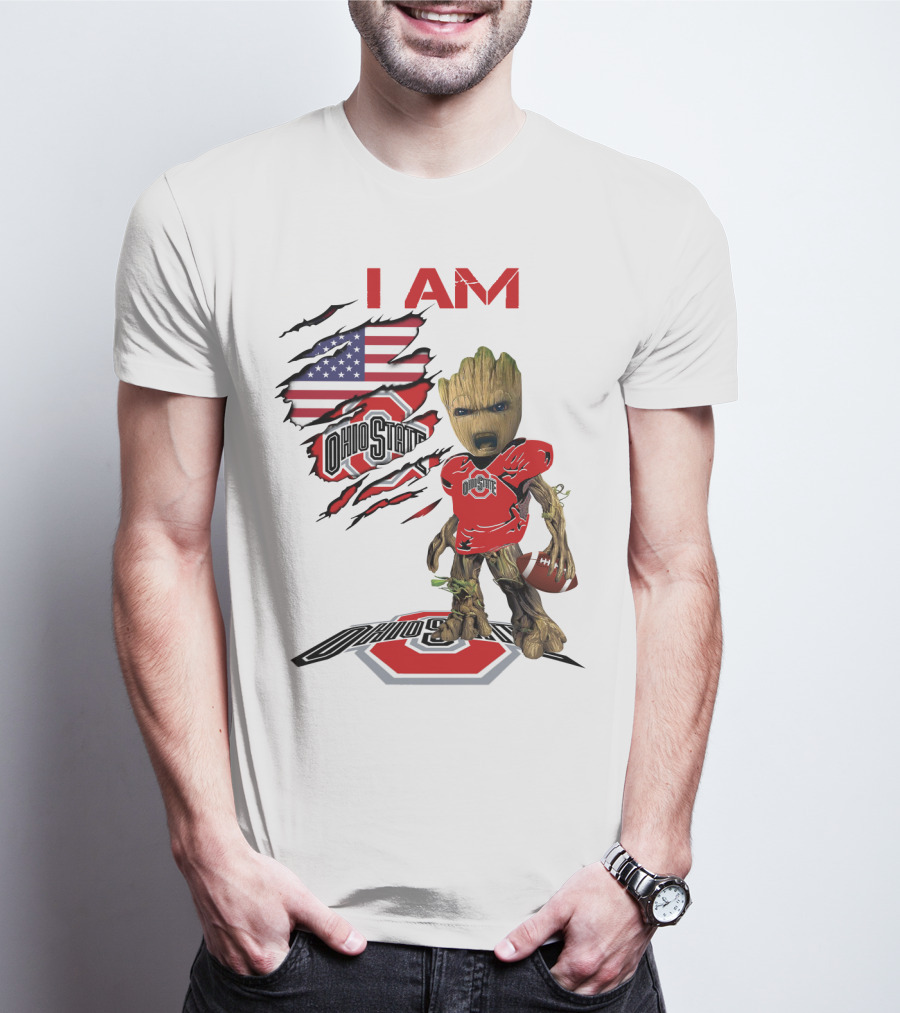 I Am Ohio State Baby Groot Football American Flag T-Shirt