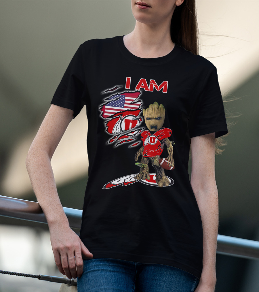 I Am U Utah Football Fan Groot American Flag T-Shirt