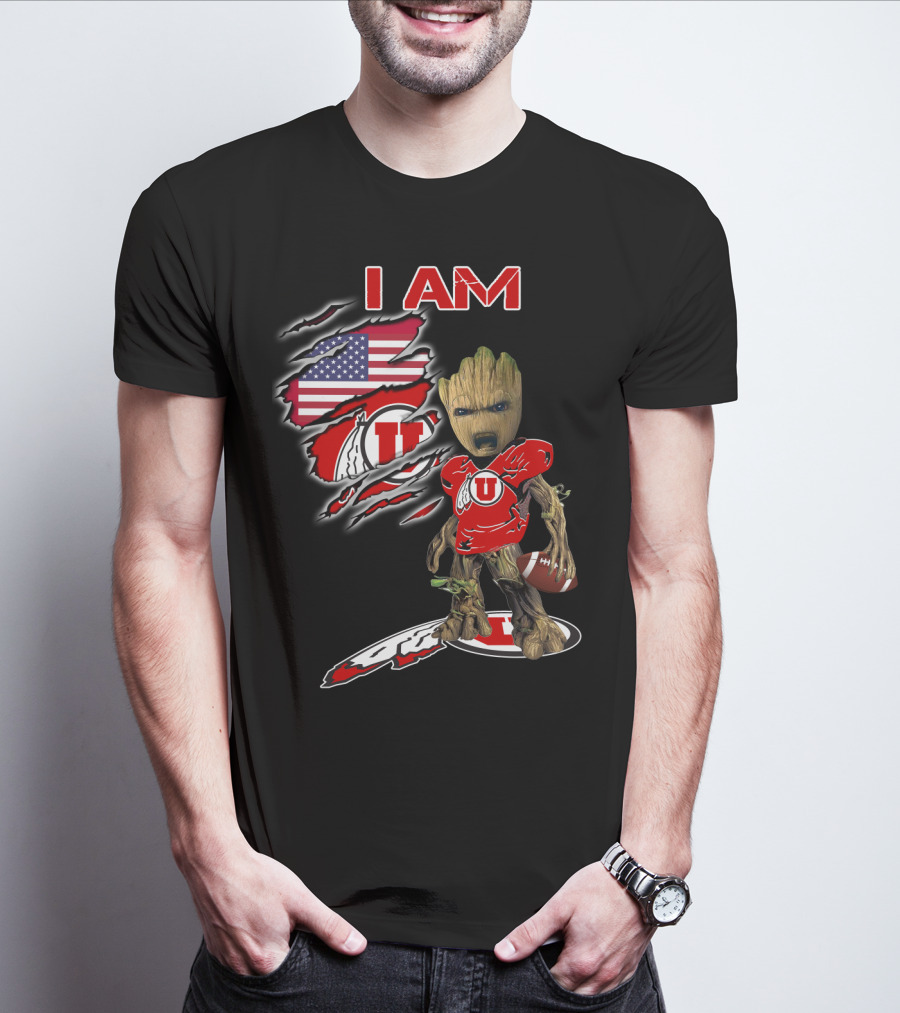 I Am U Utah Football Fan Groot American Flag T-Shirt