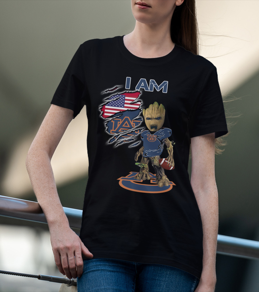 I Am Auburn Groot Football Fan Usa Flag Auburn Logo Football T-Shirt