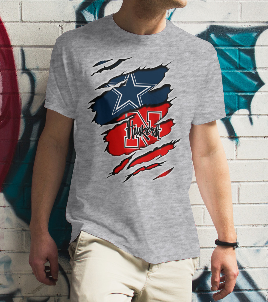 Cowboys Huskers Star Logo Red And Blue Tear T-Shirt