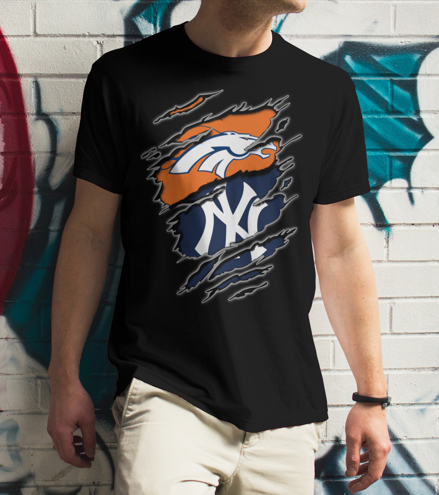 Broncos And Yankees Combined Logos On Torn T-Shirt