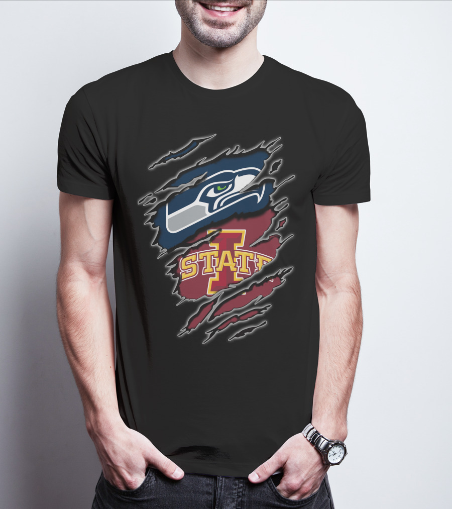 Seahawks Iowa State Cyclones Seattle Logo Torn Effect T-Shirt