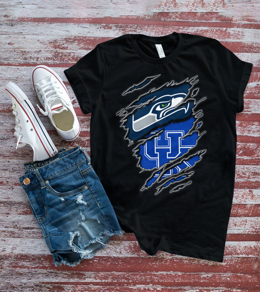 Seahawks Uk Blue Claw Mark Logo Ripped Effect T-Shirt