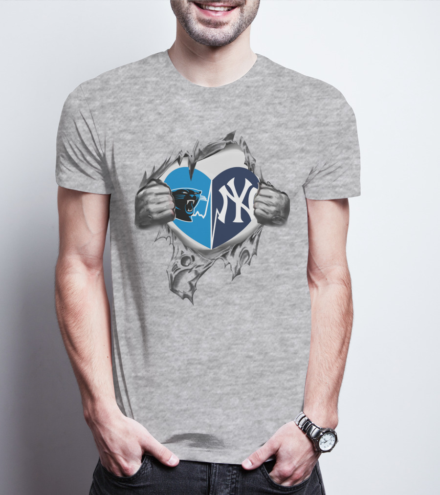 Carolina Panthers New York Yankees Heart Tear Mashup T-Shirt