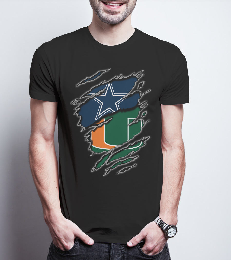 Dallas Cowboys Miami Hurricanes Logos Rip Through T-Shirt