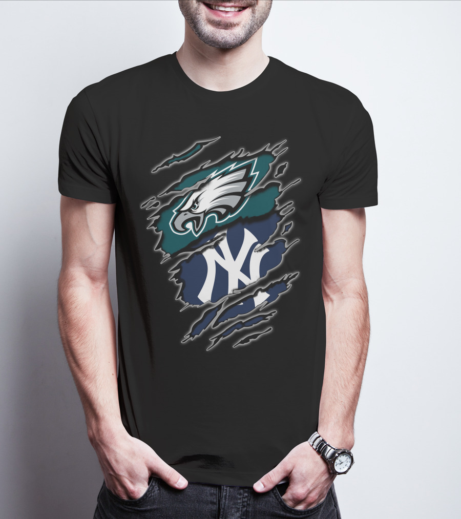 Philadelphia Eagles New York Yankees Iconic Logos Fusion T-Shirt