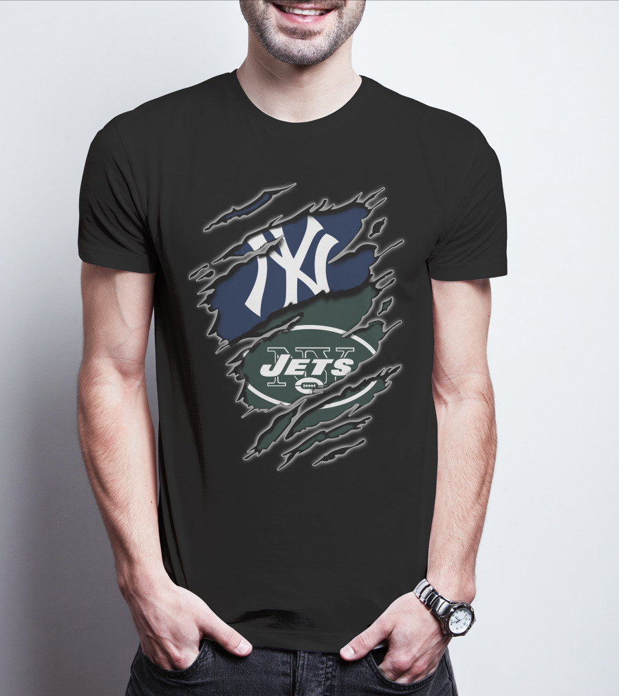 Yankees Jets Dual Logo Graphic With Torn Effect T-Shirt
