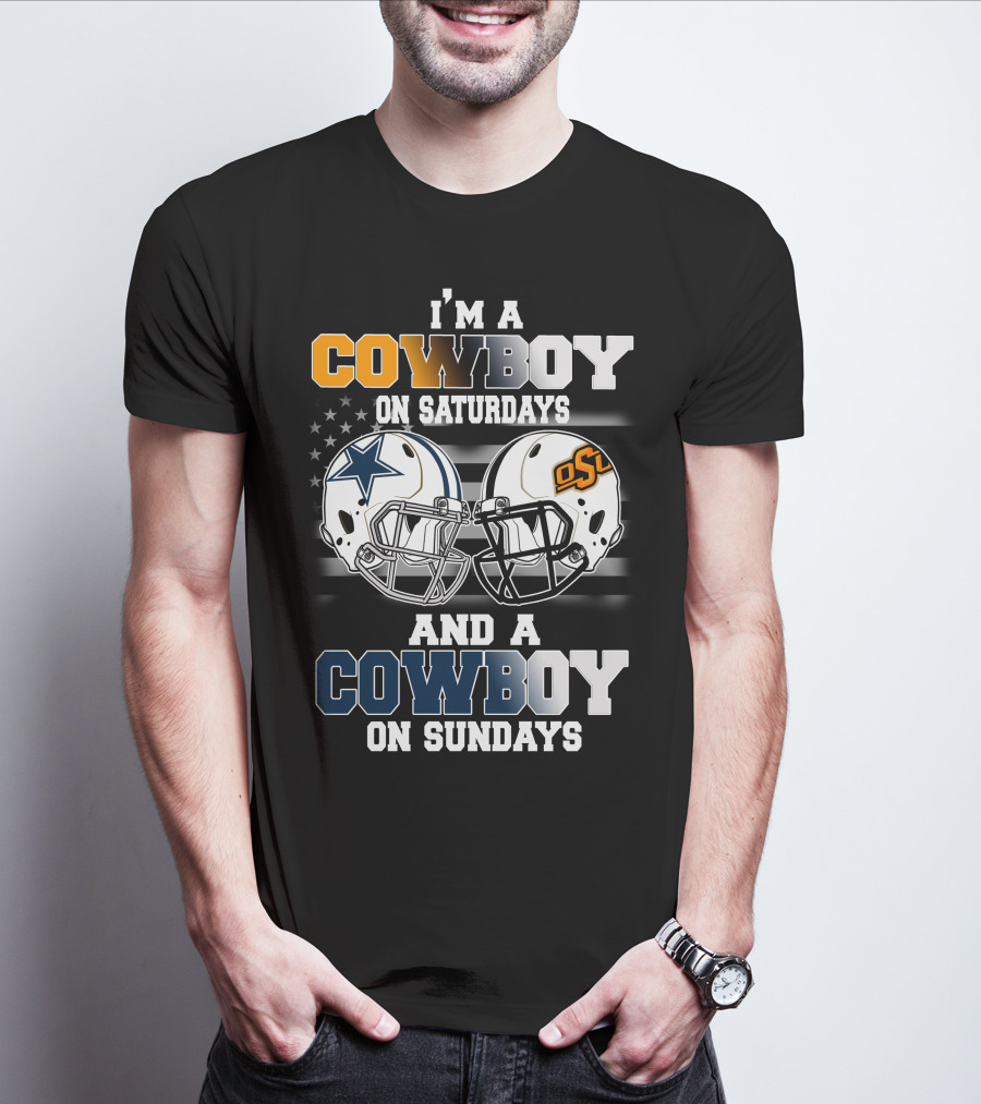 I'm A Cowboy Osu On Saturdays And A Cowboy On Sundays Football Helmets American Flag T-Shirt