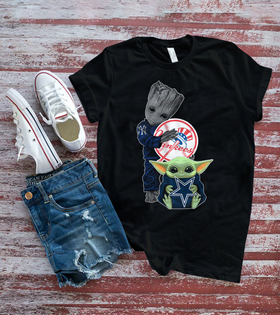 Groot And Baby Yoda With Yankees And Cowboys Logos T-Shirt