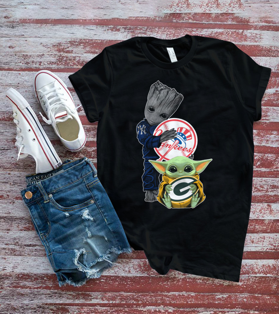 Yankees Baby Groot And Packers Baby Yoda Crossover T-Shirt