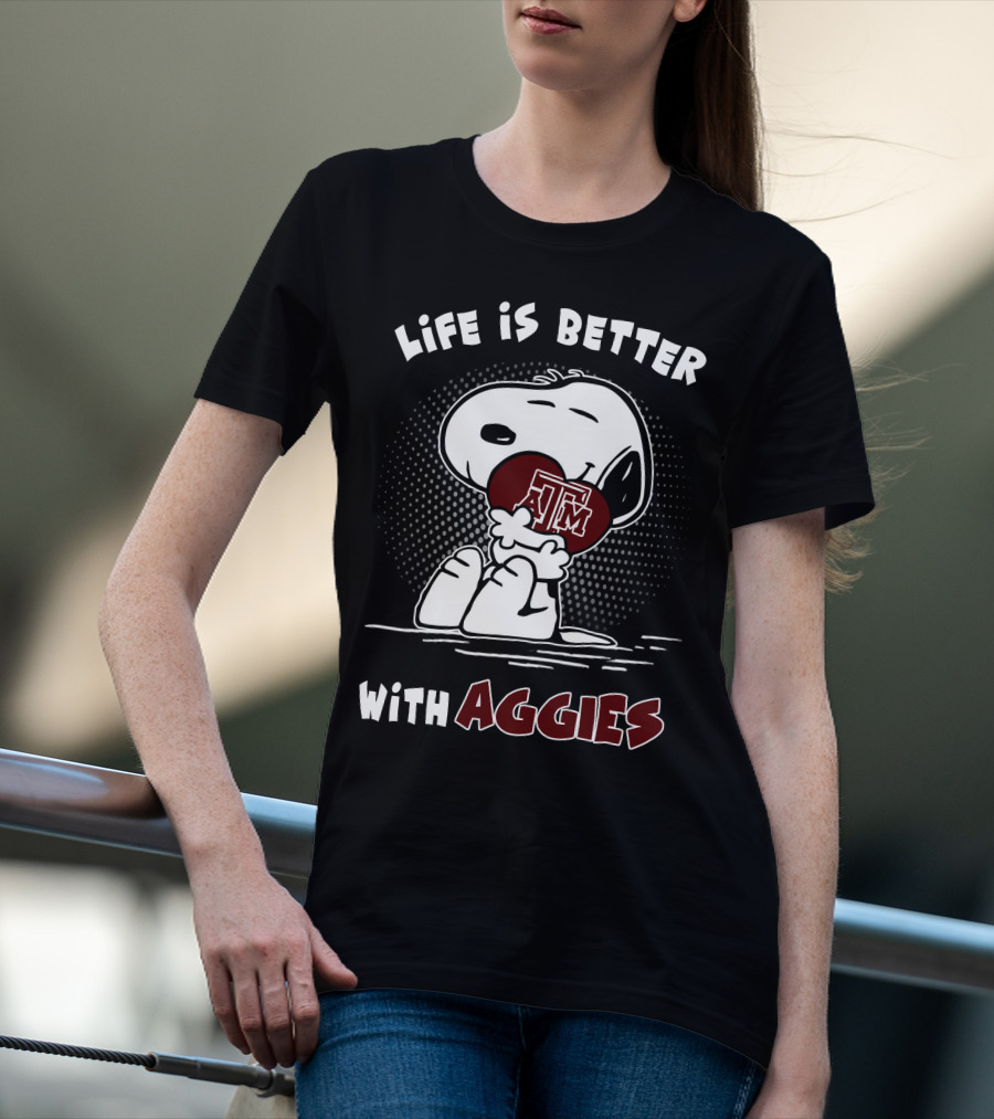 Life Is Better With Aggies Texas A&M Snoopy Hugging Football T-Shirt