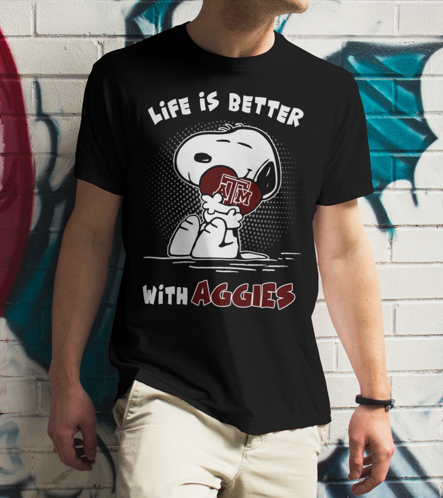 Life Is Better With Aggies Texas A&M Snoopy Hugging Football T-Shirt