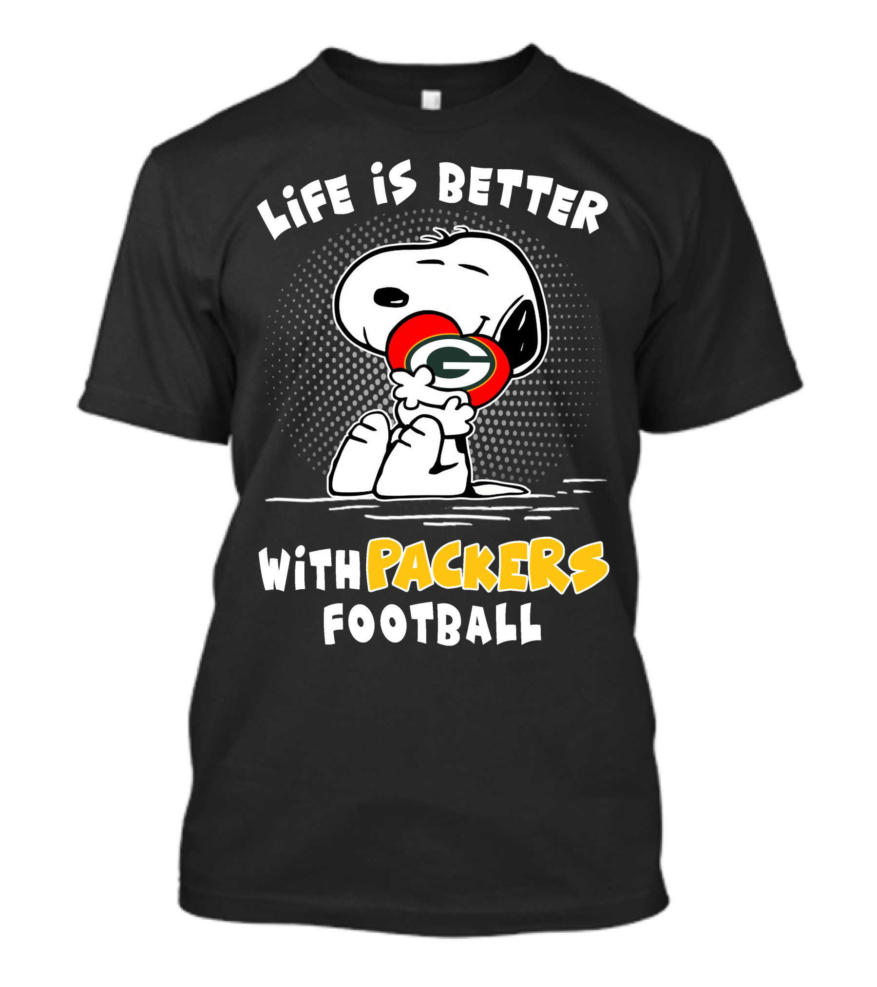 Life Is Better With Packers Football Snoopy Hugging Packers Helmet T-Shirt