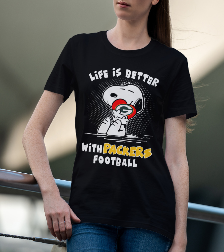 Life Is Better With Packers Football Snoopy Hugging Packers Helmet T-Shirt