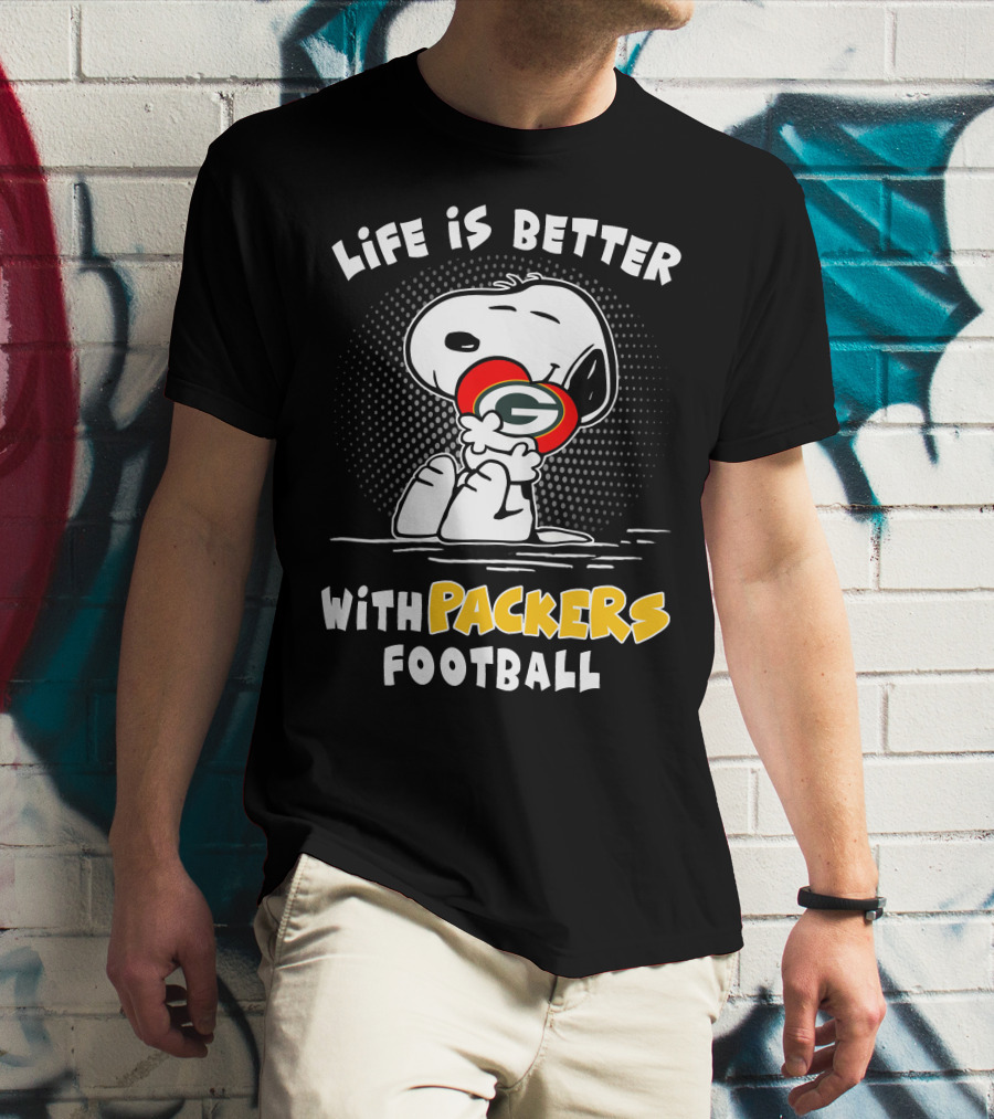 Life Is Better With Packers Football Snoopy Hugging Packers Helmet T-Shirt