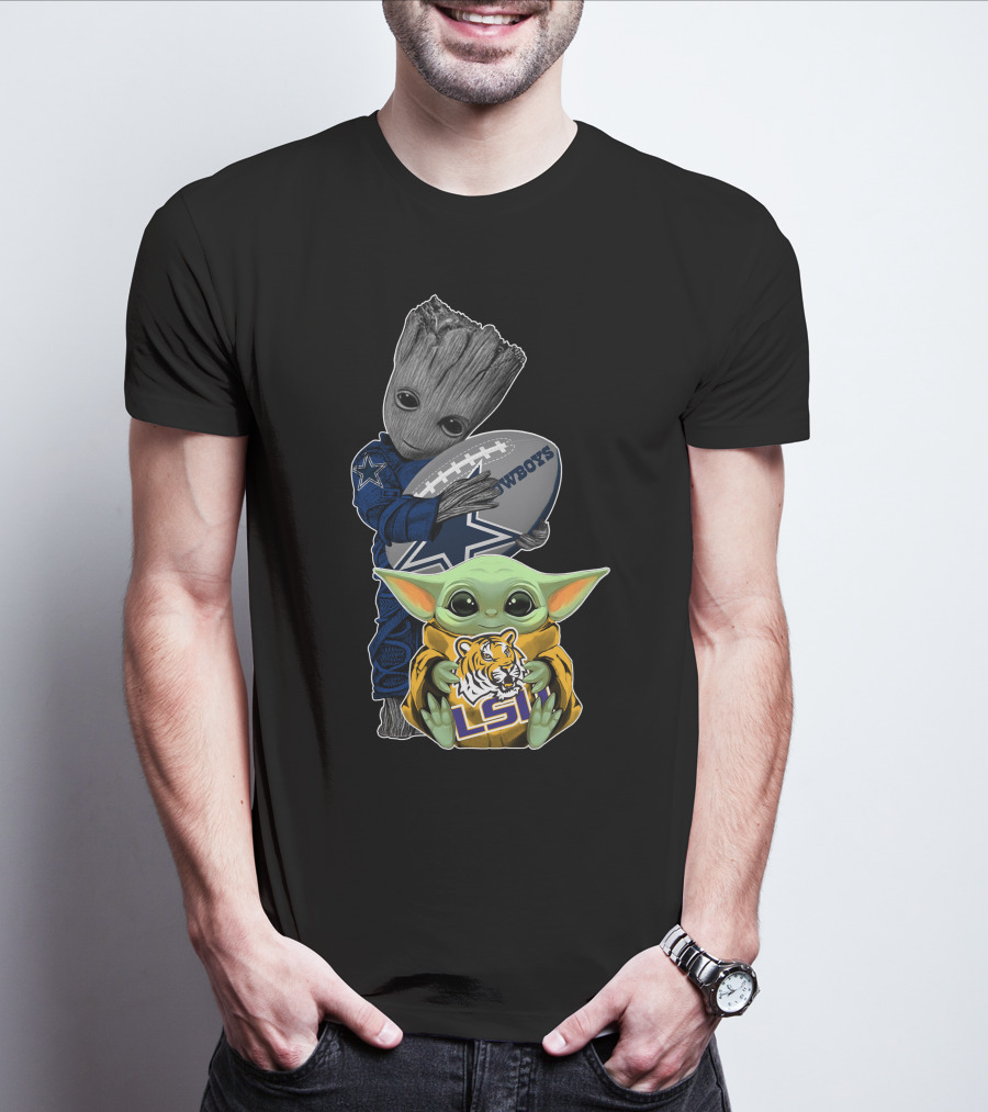 Cowboys Football Groot And Lsu Yoda With Football And Tiger T-Shirt