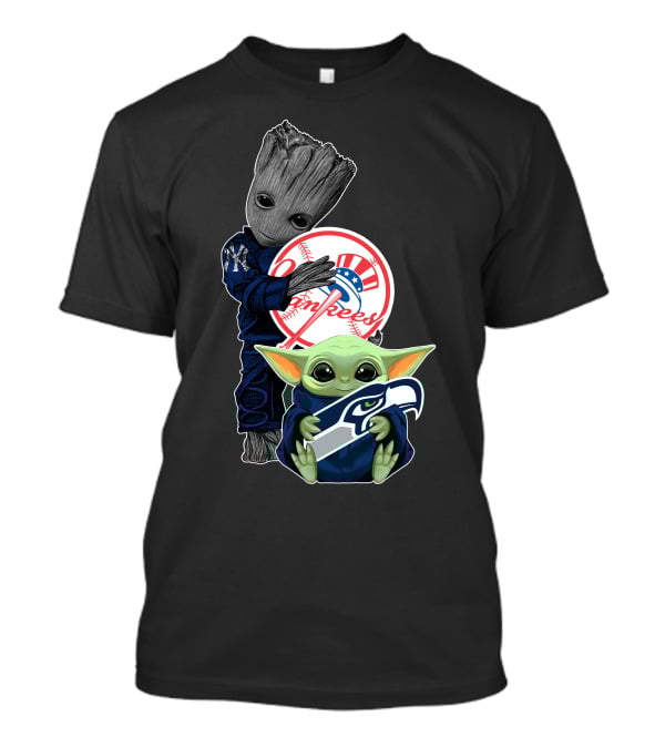Yankees Baby Yoda With Seahawks And Guardians Of The Galaxy Groot T-Shirt