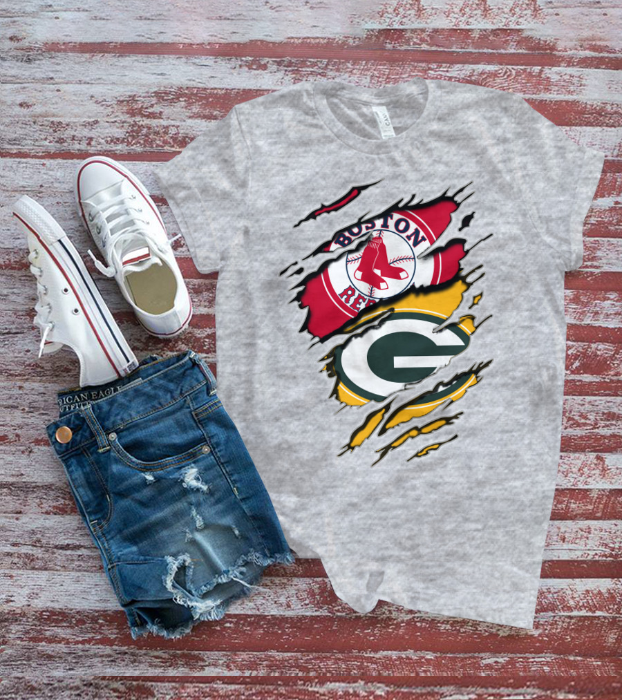 Boston Red Sox And Green Bay Packers Logo Torn T-Shirt