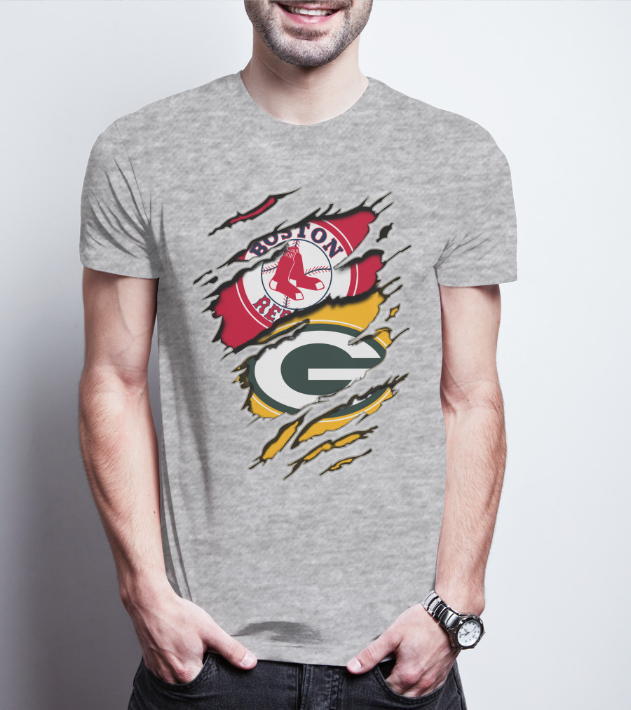 Boston Red Sox And Green Bay Packers Logo Torn T-Shirt