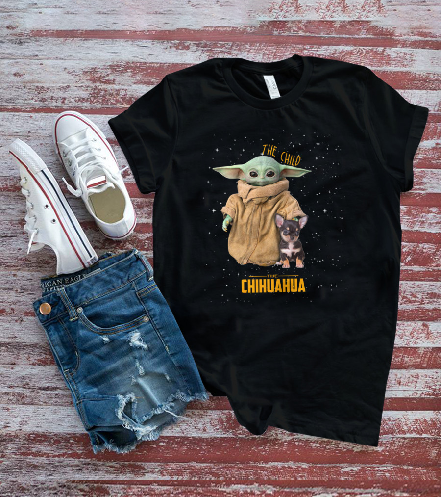 The Child Baby Yoda With Chihuahua Starry Background T-Shirt