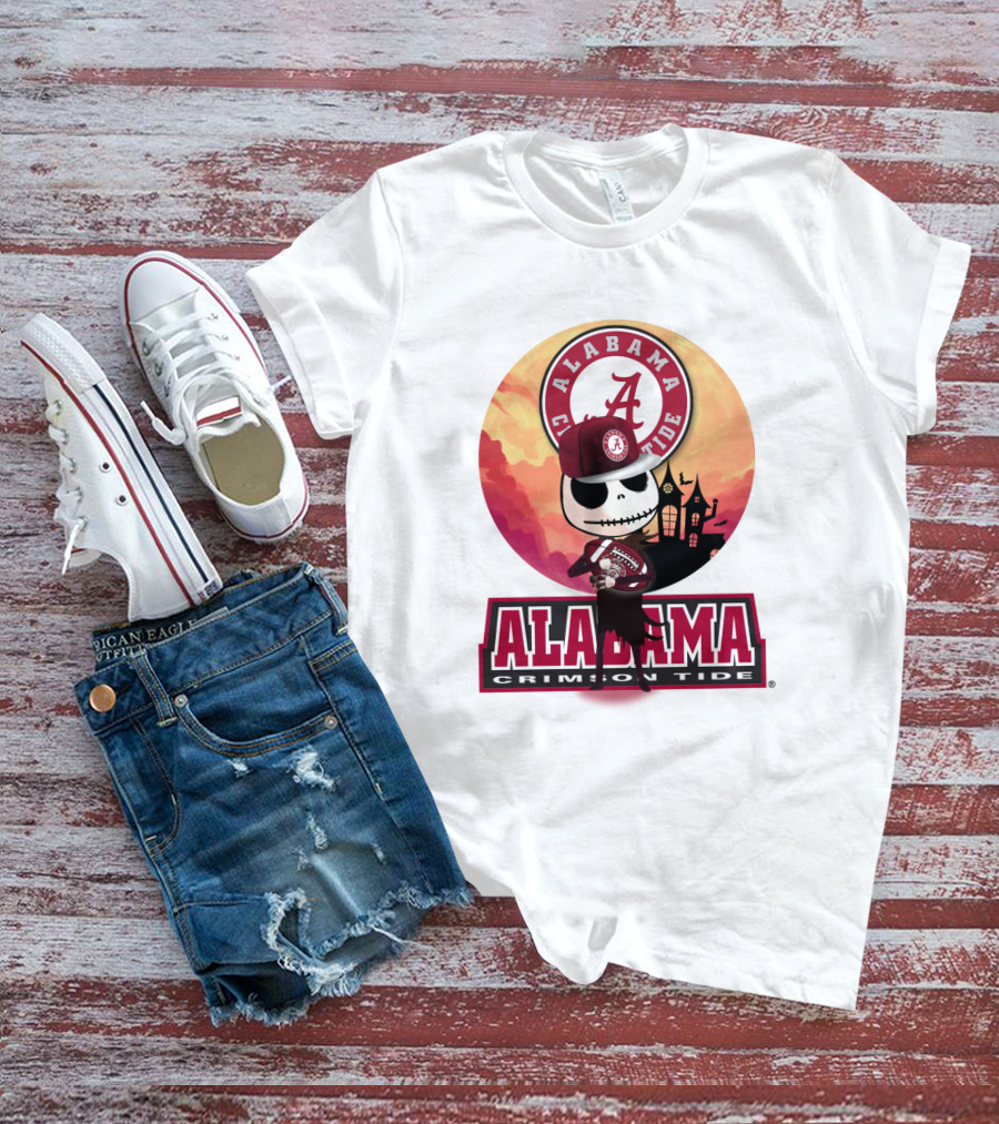 Alabama Crimson Tide Skeleton Character Holding Football In Front Of Haunted House T-Shirt