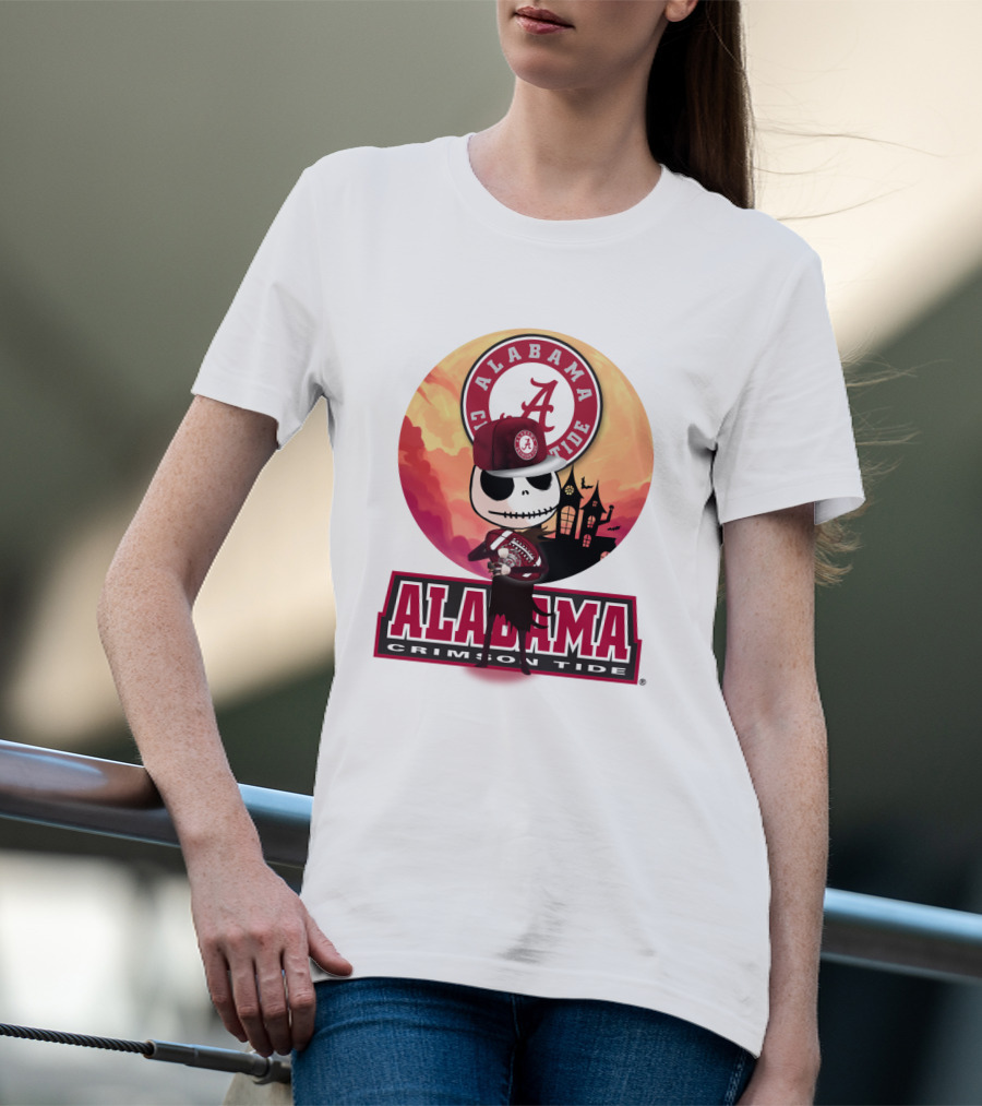 Alabama Crimson Tide Skeleton Character Holding Football In Front Of Haunted House T-Shirt