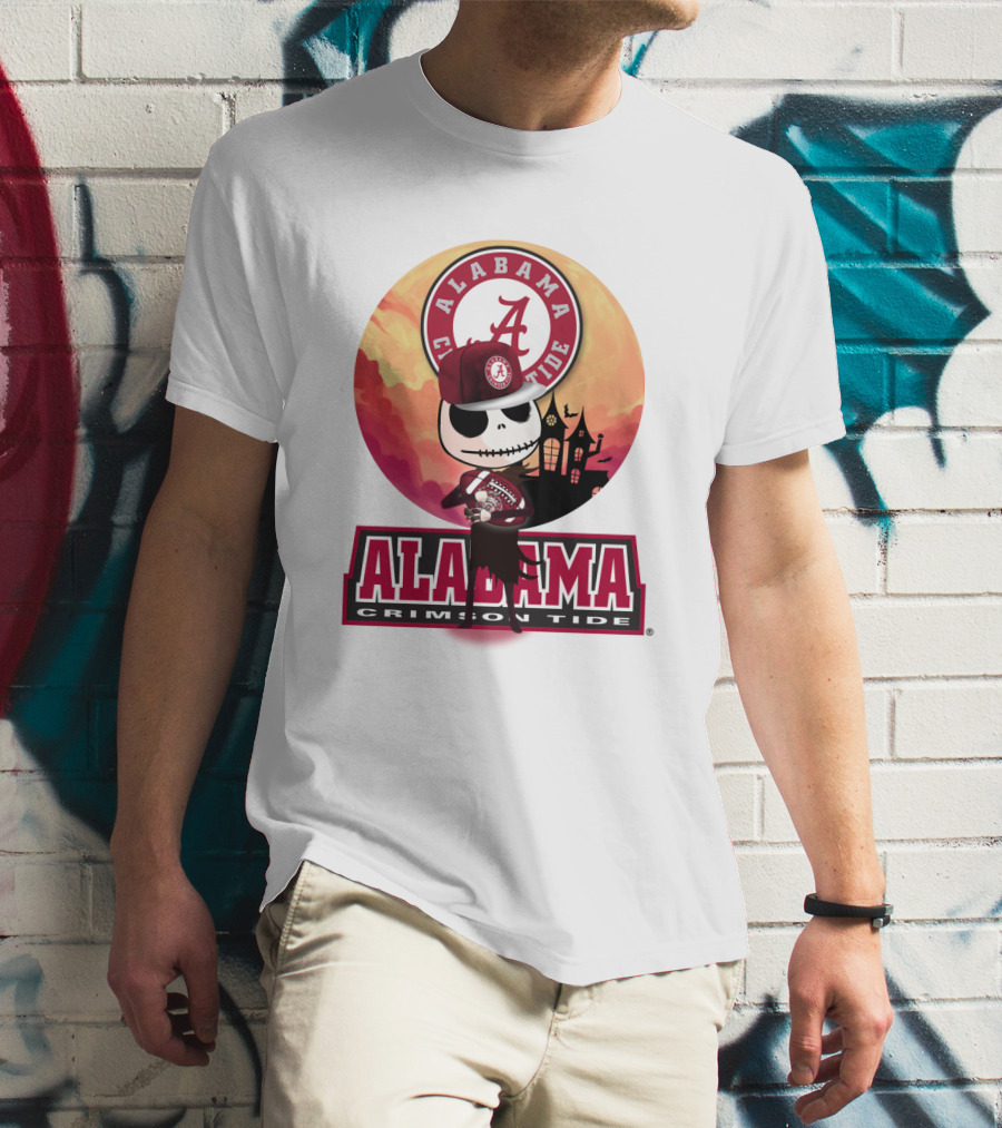 Alabama Crimson Tide Skeleton Character Holding Football In Front Of Haunted House T-Shirt