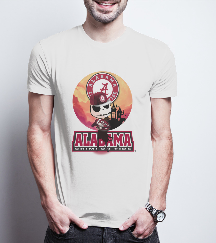 Alabama Crimson Tide Skeleton Character Holding Football In Front Of Haunted House T-Shirt