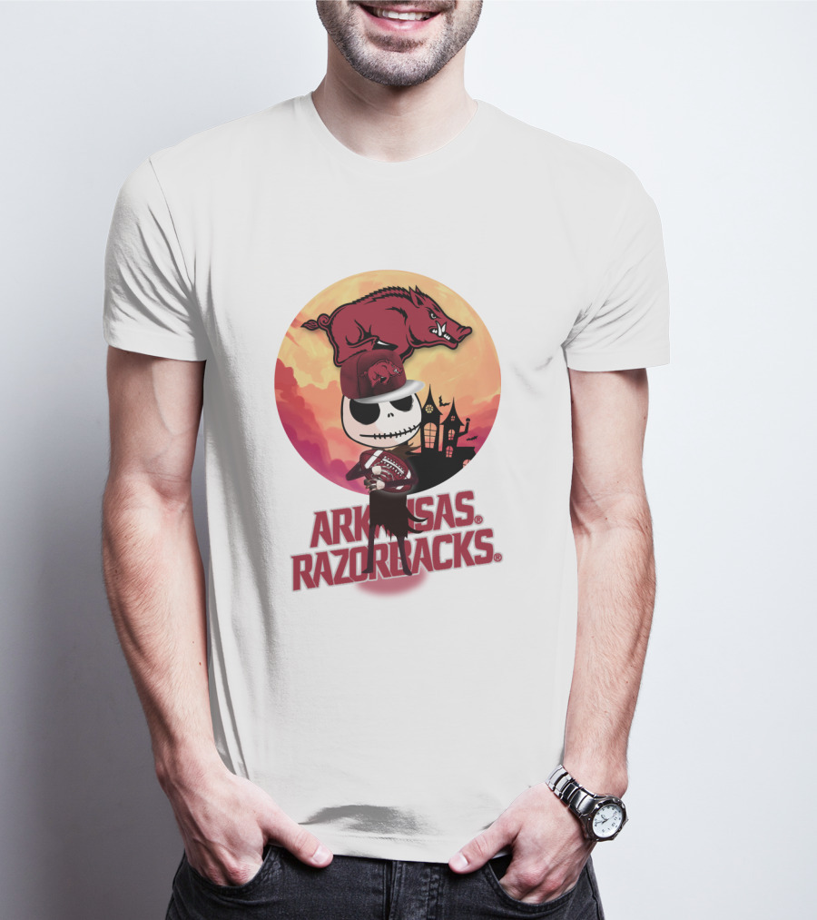 Arkansas Razorbacks Halloween Skull Character With Cap And Football T-Shirt