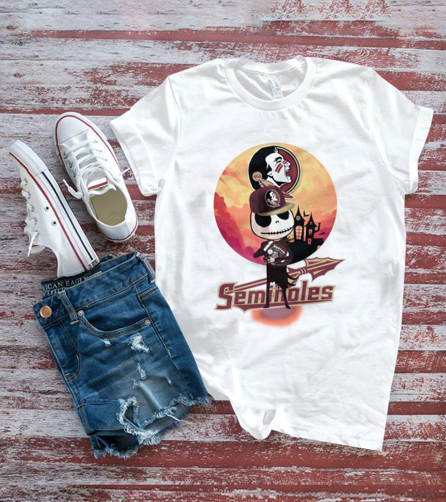 Seminoles Skeleton Character With Florida State Logo And Haunted House Scene T-Shirt