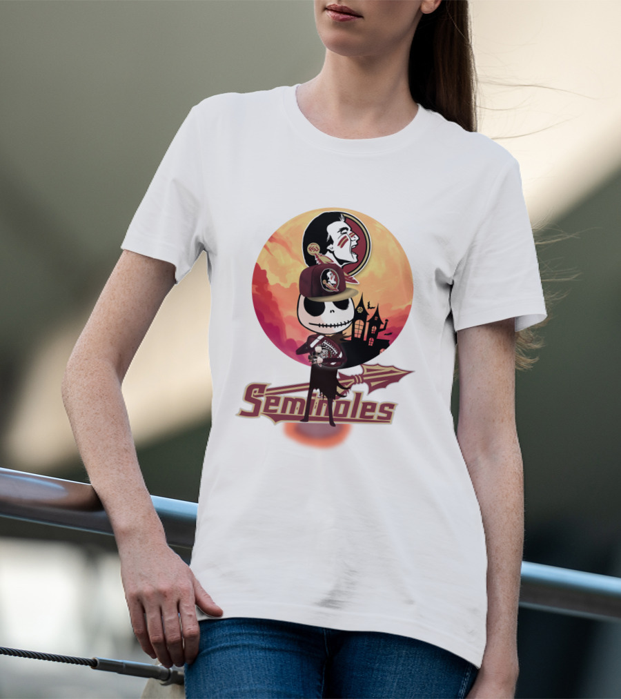 Seminoles Skeleton Character With Florida State Logo And Haunted House Scene T-Shirt