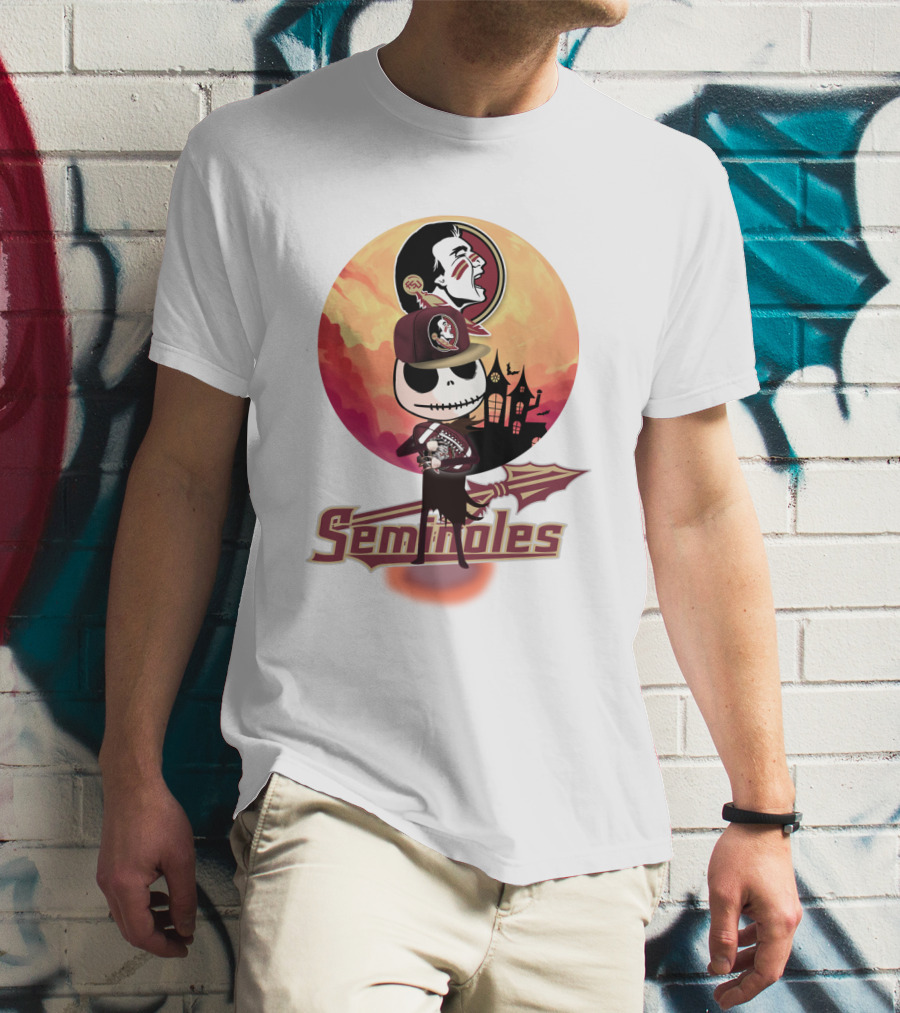 Seminoles Skeleton Character With Florida State Logo And Haunted House Scene T-Shirt