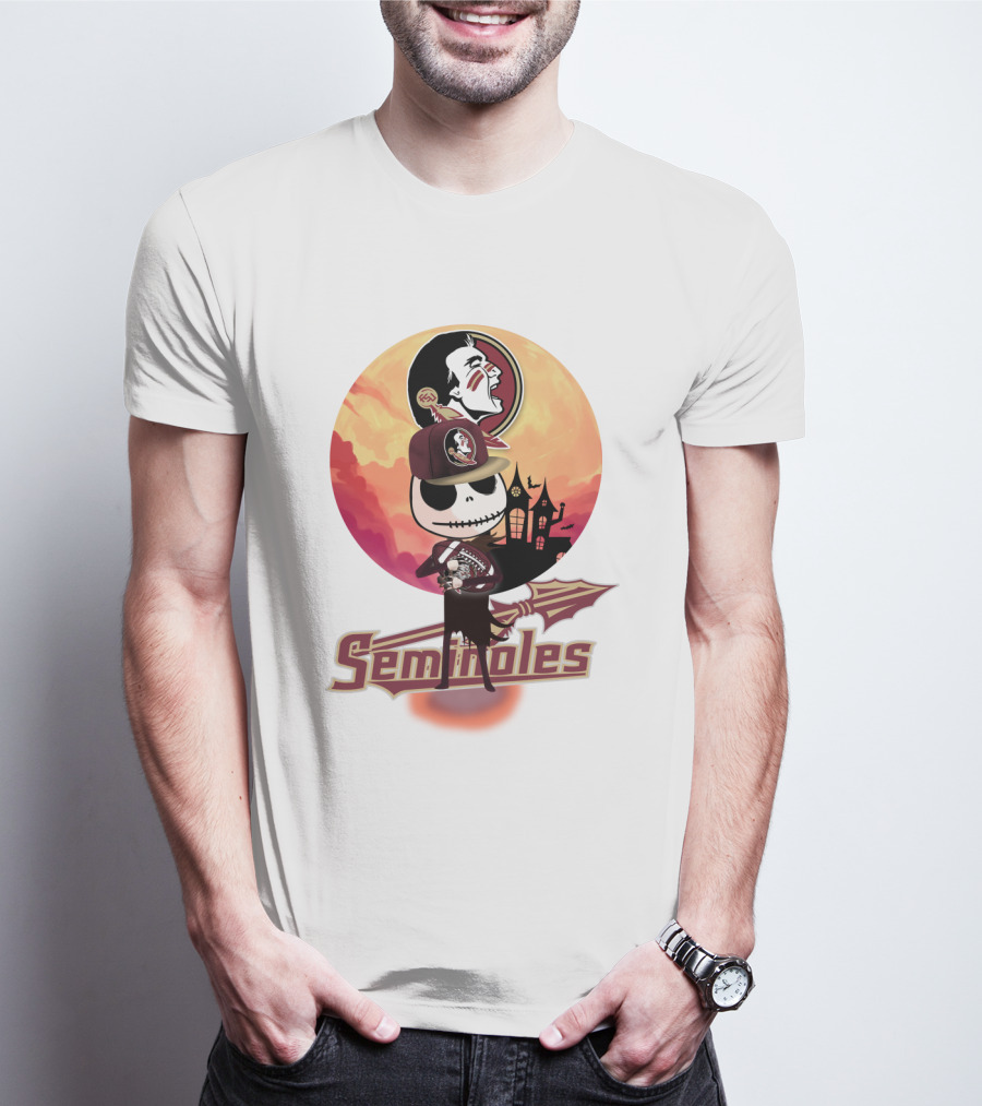 Seminoles Skeleton Character With Florida State Logo And Haunted House Scene T-Shirt