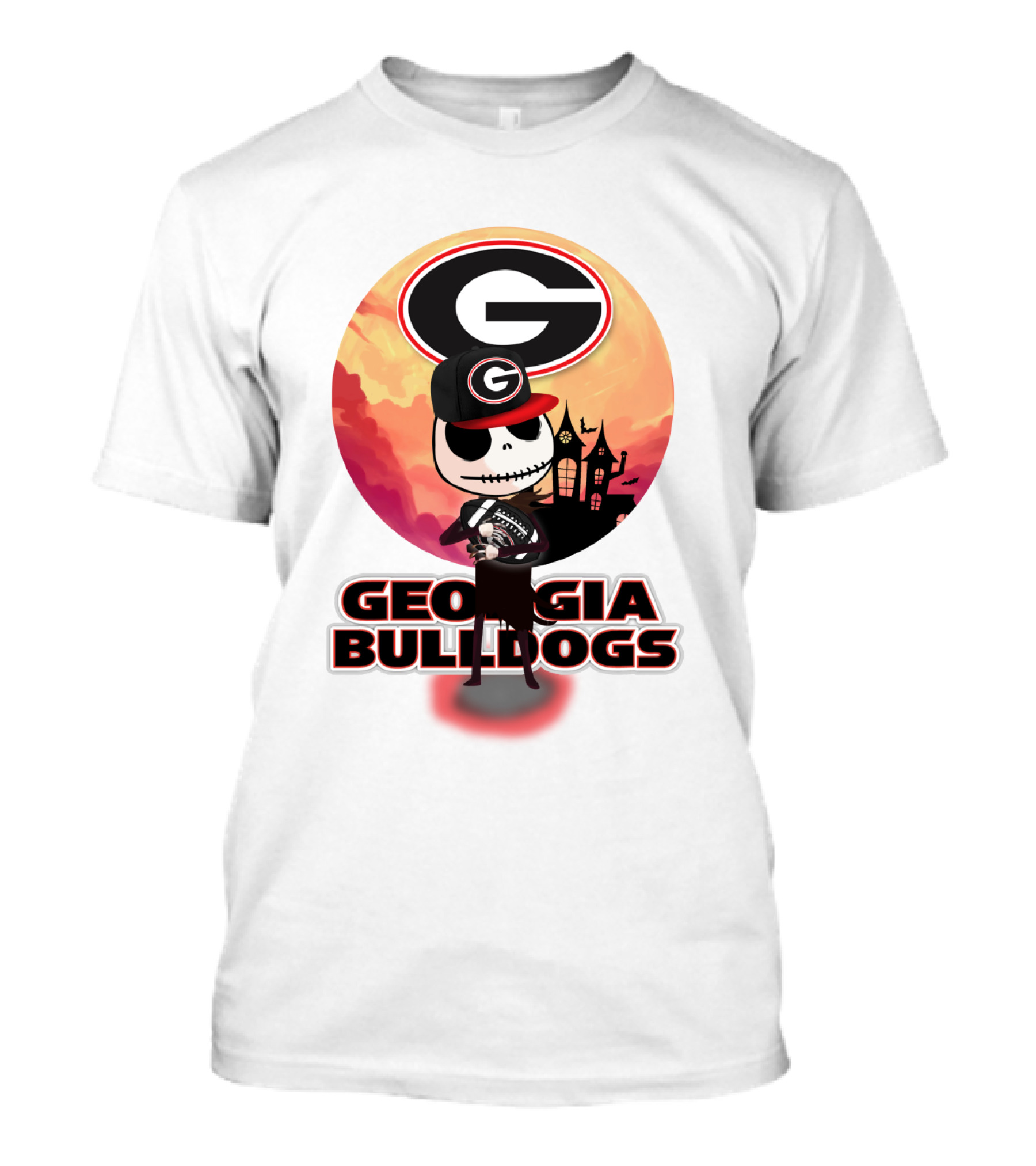 Georgia Bulldogs Skull And Football Scene With Gothic Castle T-Shirt