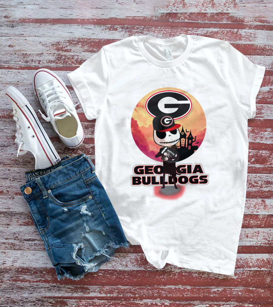 Georgia Bulldogs Skull And Football Scene With Gothic Castle T-Shirt