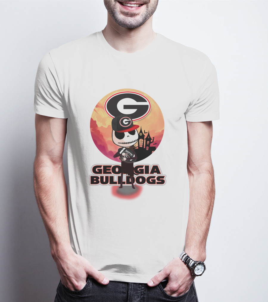 Georgia Bulldogs Skull And Football Scene With Gothic Castle T-Shirt