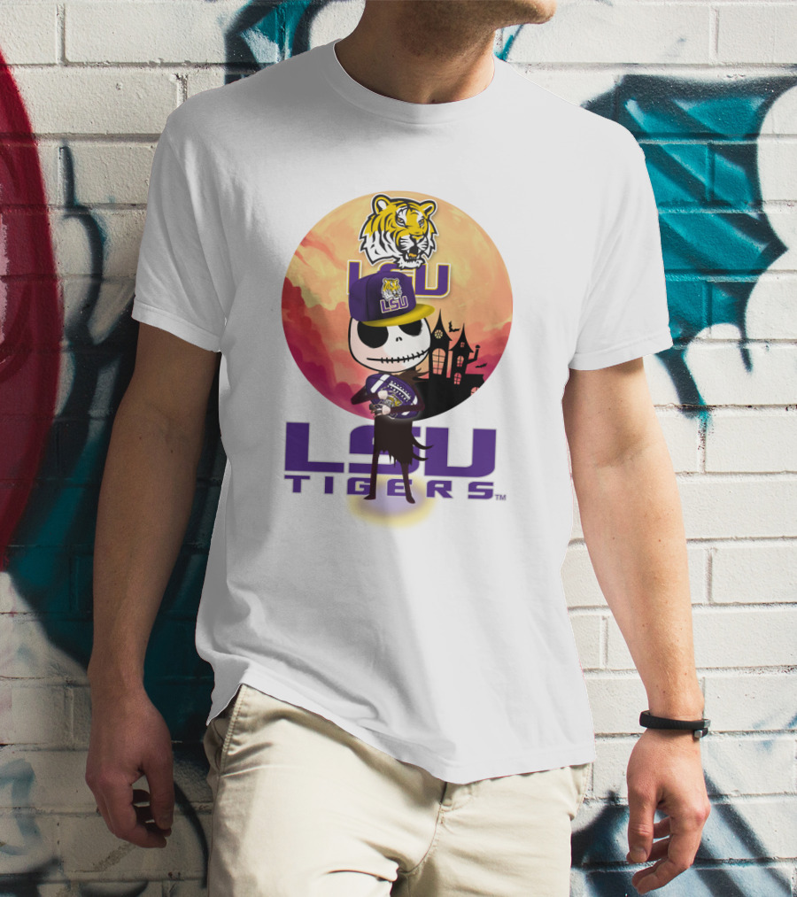 Lsu Tigers Halloween Skeleton In Hat With Tiger And Haunted House T-Shirt