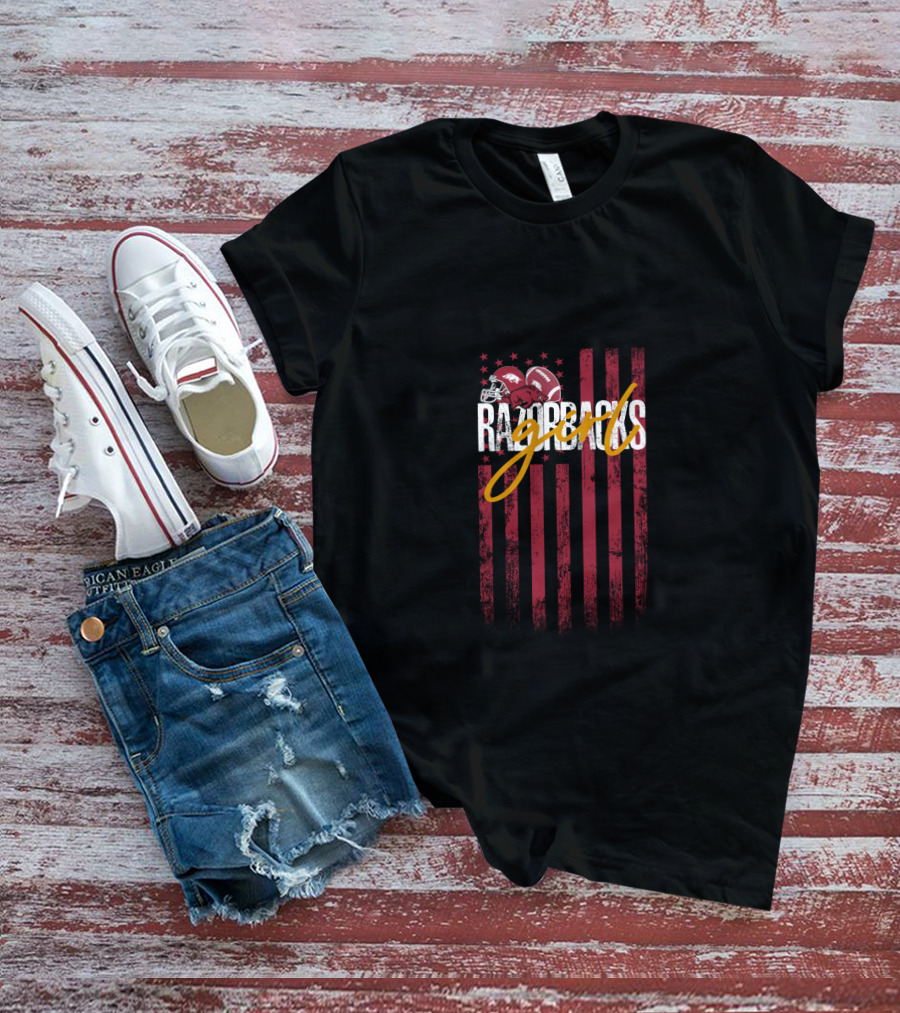 Razorbacks Girls Football Helmet Red Stripes Stars T-Shirt
