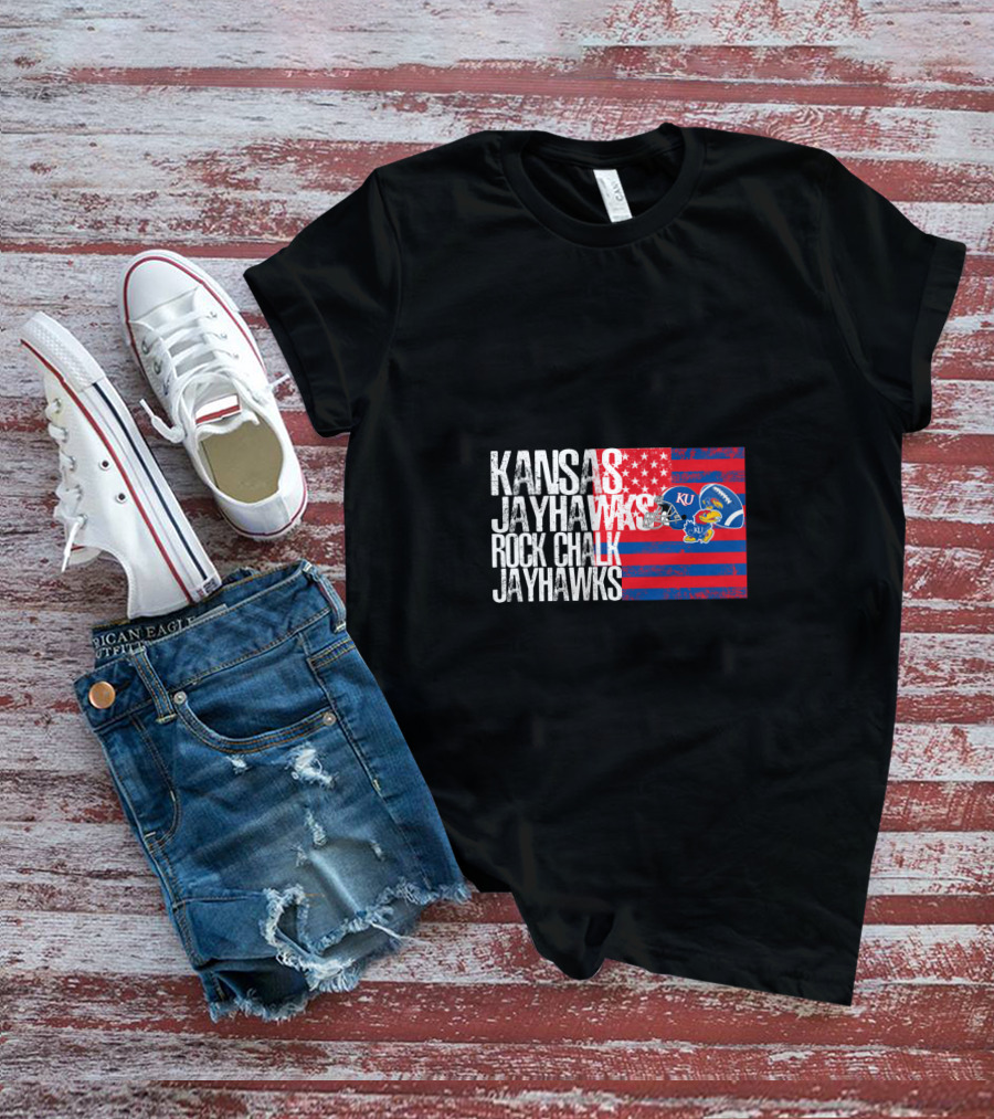 Kansas Jayhawks Rock Chalk Jayhawks Ku Football Helmet Stars And Stripes T-Shirt