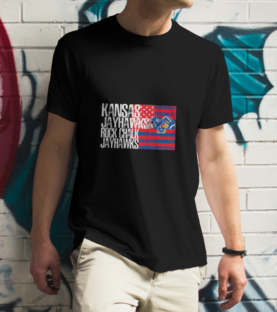 Kansas Jayhawks Rock Chalk Jayhawks Ku Football Helmet Stars And Stripes T-Shirt