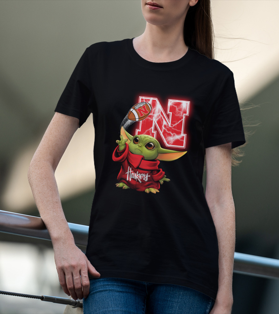 Huskers Baby Yoda Football Nebraska N T-Shirt