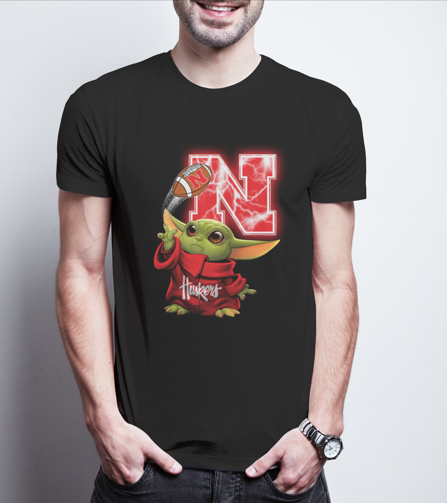 Huskers Baby Yoda Football Nebraska N T-Shirt